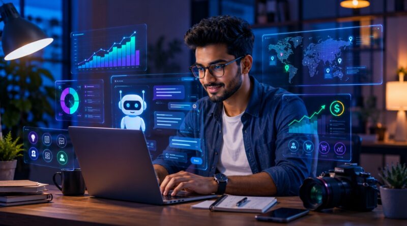 ChatGPT से Business Grow करने की Complete Guide — AI chatbot screen के साथ businessman