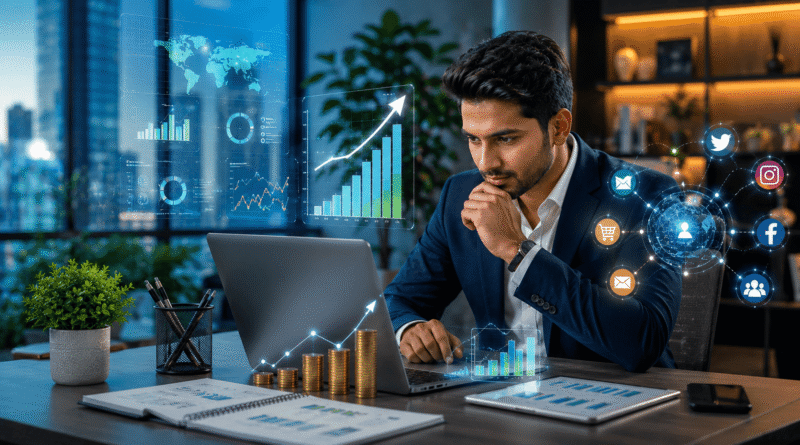 छोटे Business को बड़ा बनाने की Smart Strategies दिखाता हुआ growth chart